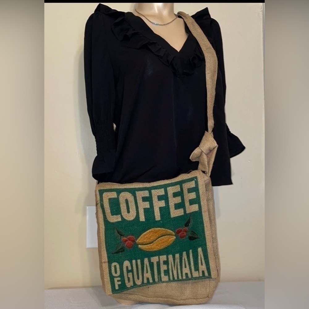 Crossbody messenger bag purse unisex coffee bean bag Upcycled burlap embroider